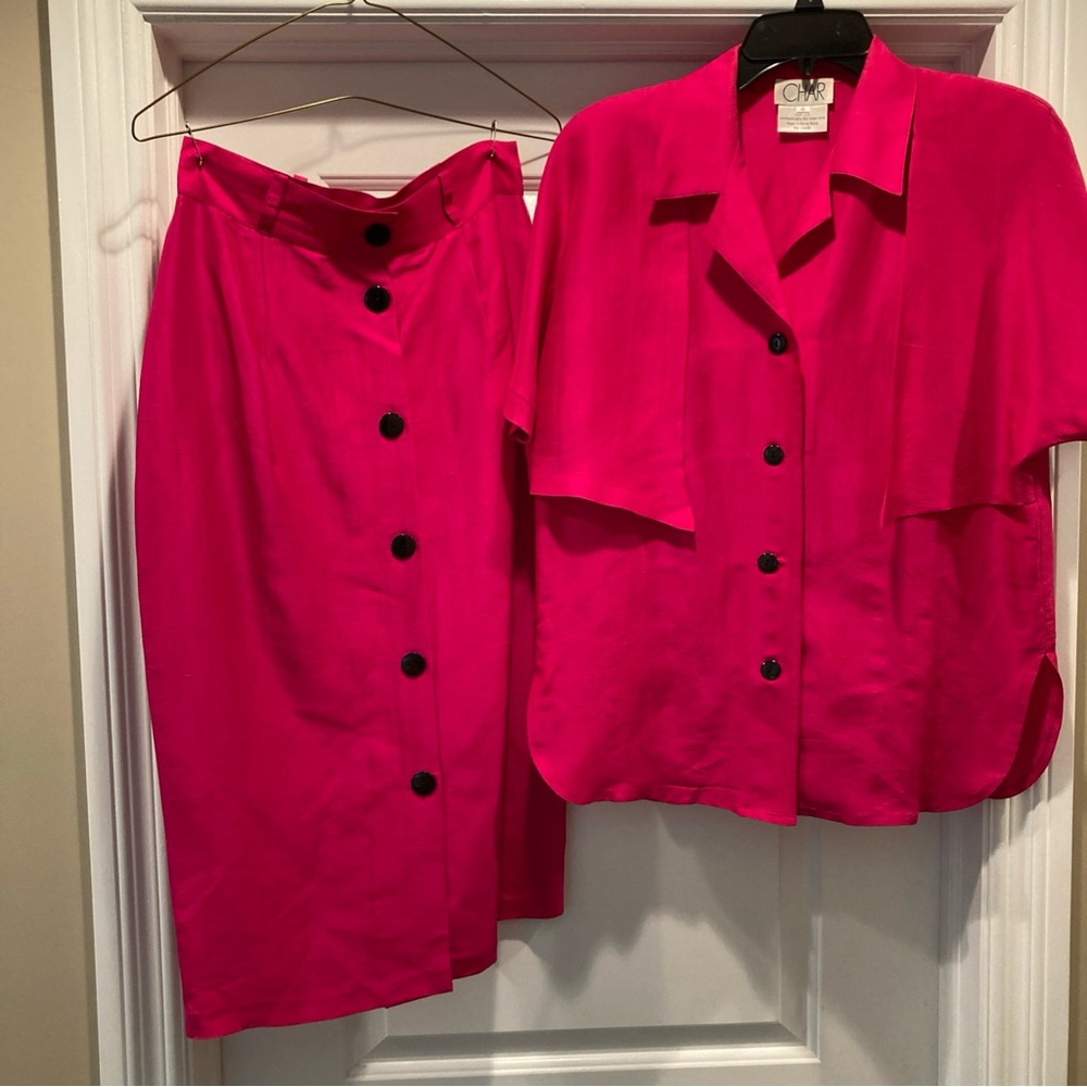 Vtg Char Silk 2 Piece Set Maxi Skirt  Oversized Shirt HOT PINK 4/10 Button Front